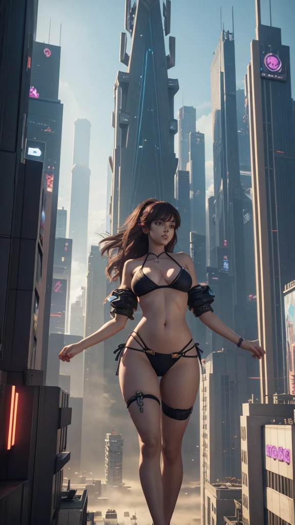 A giant woman in a bikini lying on top of a cyberpunk city, Wear short skirts,Little guys running around the giant girl, Standing on her hand, cgsociety 9, 2. 5 d cgi fantasy art, engine rendering unreal + a goddess, full body cgsociety, artgerm ; Hyper realistic 3d content, giant art, super detailed 3d matte paintings, super detailed 3d matte paintings, realistic fantasy art, realistic 3 d anime style. Beautiful girl. Big thighs."The boy stood on the top of a high-rise building waving to the girl"