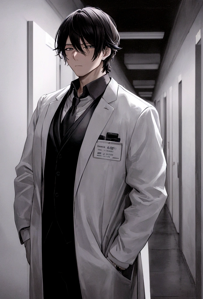Dr. Kenzo Tenma from "Monster" standing in a dimly lit hospital corridor. He is wearing a white lab coat over a shirt and tie, with his stethoscope around his neck. His expression is serious and determined, reflecting the weight of his decisions and the gravity of his situation. The background features a dimly lit hospital corridor with flickering lights, adding to the tense and somber atmosphere. His hair is slightly tousled, and there are subtle shadows on his face, emphasizing his internal conflict and the dark tone of the series.
