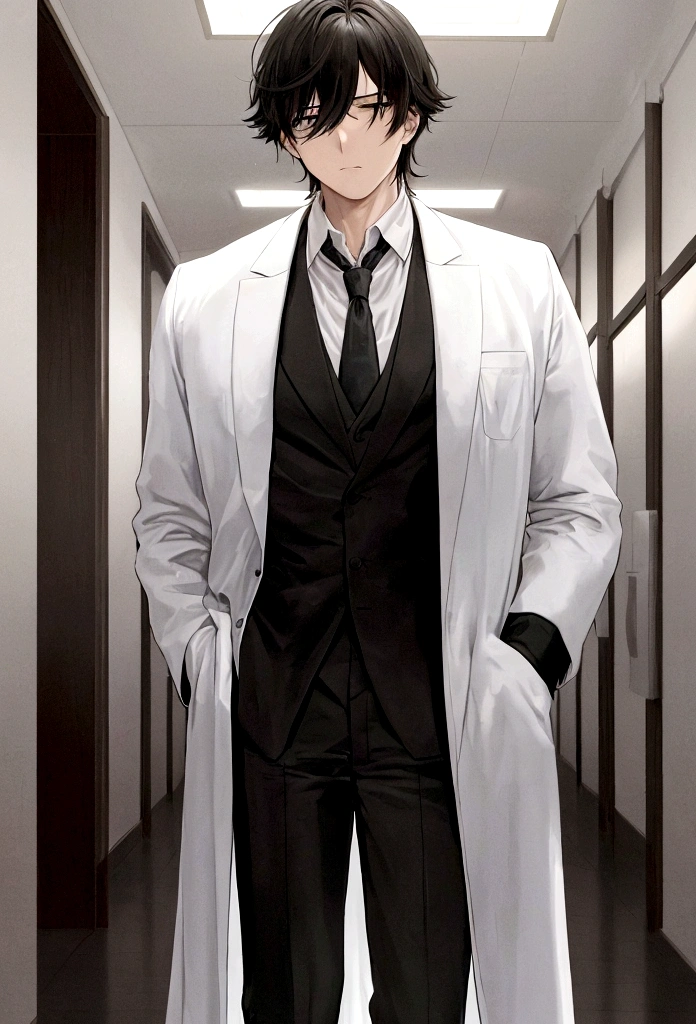 Dr. Kenzo Tenma from "Monster" standing in a dimly lit hospital corridor. He is wearing a white lab coat over a shirt and tie, with his stethoscope around his neck. His expression is serious and determined, reflecting the weight of his decisions and the gravity of his situation. The background features a dimly lit hospital corridor with flickering lights, adding to the tense and somber atmosphere. His hair is slightly tousled, and there are subtle shadows on his face, emphasizing his internal conflict and the dark tone of the series.
