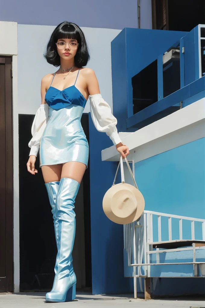 BRAZILIAN woman wearing a BLUE vinyl halter top dress. Black hair, light curled, short straight Bangs. white large hair Band . Metallic makeup. Brown eyes, giant round glasses, , happy, film photo, varanda de apartamento, bairro de copacabana background, dof, , posing vintage 1970 aesthetics, over the knee white boots, mod