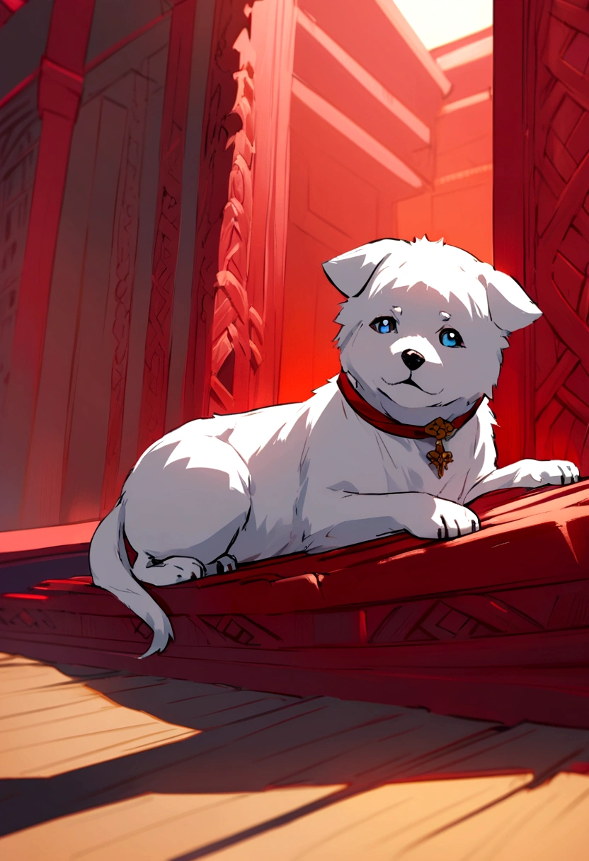 small white dog in anima~lying on top of the red roof