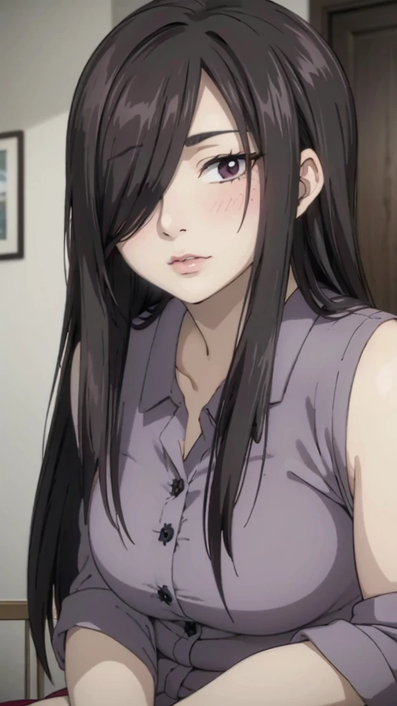 Granny, mature women, realistic skin,perfect ,black hair, long hair, (hair over one eye:1.4), messy hair, hair between eyes, Sexy pajama, chubby,plump,fat,dense pubic hair, extreme pubic hair, Sexy lips, pucker lips,cute shy blush on