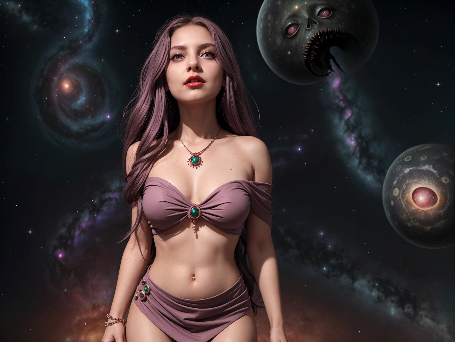 1Girl 32 years old, Long hair, full body pose , looking up at viewer, mauve hair, bare shoulders, green eyes, (jewelry:1.1), full entire body, off shoulder top, mini skirt, red lips, realistic, button nose, flirting with the camera. (cosmic horror unfolding in the background:1.2)