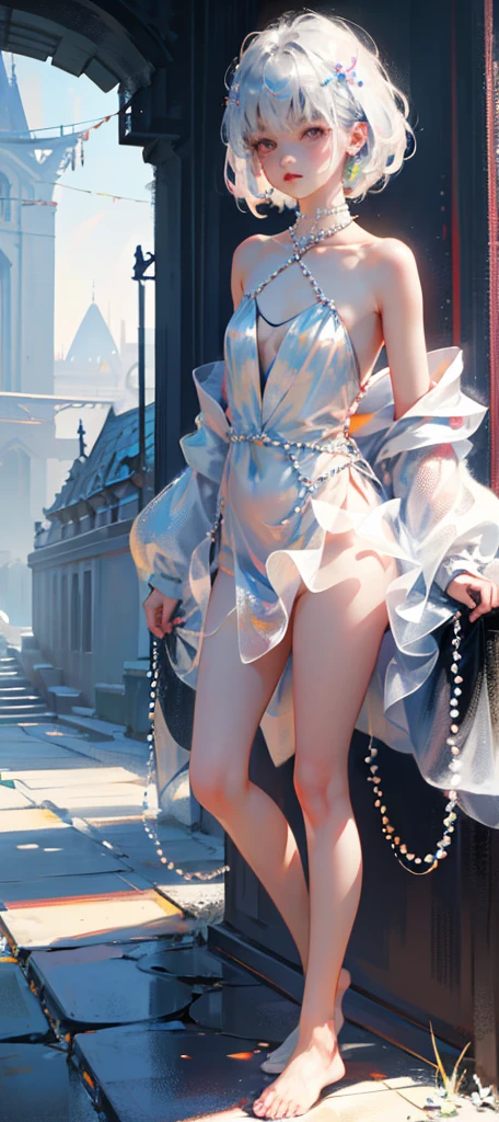 A girl、symmetry,Daughter,whole body 女恋,Put your hands together and bloom,(Very detailed:1.1),((small :1.2))、The eyes are well drawn、Charming eyes、Double tail、Wear jewelry and pearls around your neck,Transparent openwork、Deep V、Crystal Pearls、在Wear jewelry and pearls around your neck,white hair, show your thighs, Bare shoulders, Show Clavicle, Yao Liu, barefoot,((whole body))、painful posture