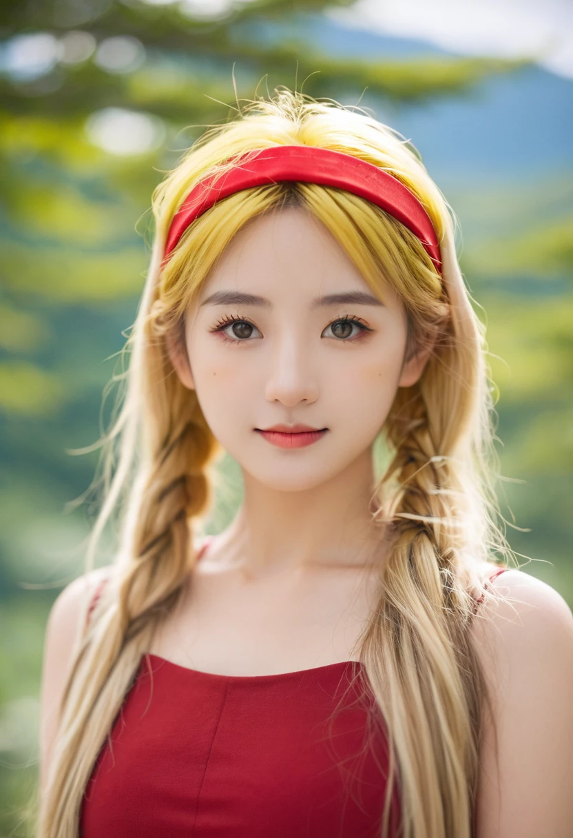 masterpiece, best quality, best quality, (Intricate detailed:1.2), beautiful eyes, 1girl, solo, outdoors, blue sky, cloudy, bokeh, lens flare, anamorphic lens flare, depth of field, seductive face, seductive smile, heanna_sumire, yellow hair, red headband, 