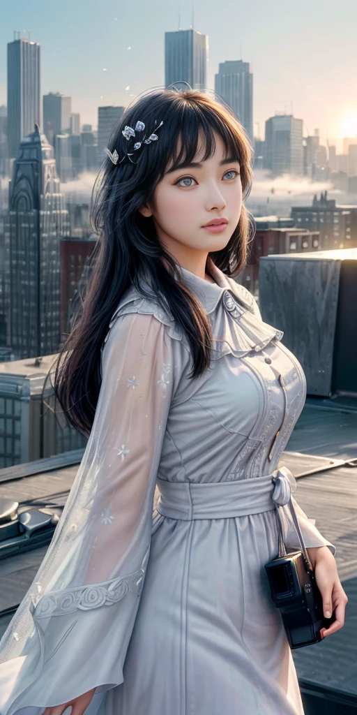 (1girll:1.3), solo, (((very vey very detailed face))),((very detailed eyes and faces))),beatiful detailed eyes,Body parts__,offcial art,Unified 8k wallpaper,Super detailed,Beautiful and beautiful,big breasts beautiful,tmasterpiece,best qualtiy,primitive,tmasterpiece,ultra fine photos,best qualtiy,Ultra-high resolution,photorealistic realism,rays of sunshine,full-body portraits,stunningly beautiful,,dynamicposes,delicated face,Bigchest,Vibrant eyes,(From the front side), Very detailed city roof background, Roof,looking over city,Detailed face,detailed complex busy background,untidy,opulent,milkyW,highly detailedskin,Realistic details of skin,visible pores,Clear focus,volume fog,8K UHD,digital SLR camera,high qulity,filmgrain,White skin of the,photo-realism,DL,A huge metropolis of the dystopia of the future, Translucent purple clothes