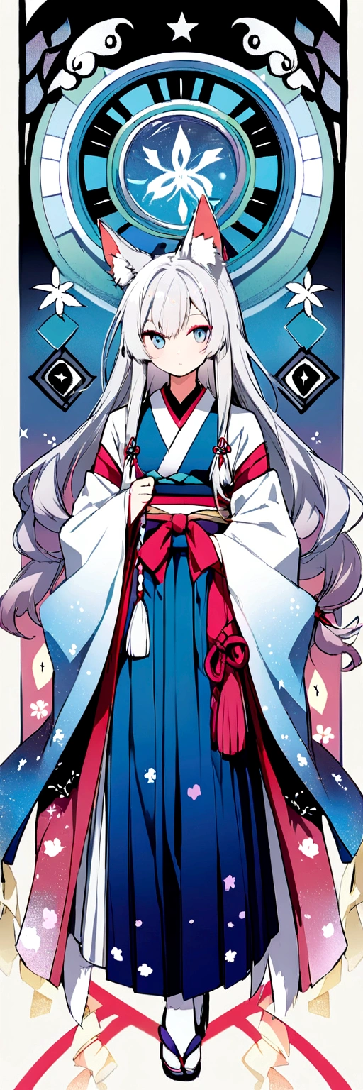 male、youth、Fox、Animal Ears、Silver Hair、Long Hair、One knot、One-eyed、Japanese style、Hakama、bow