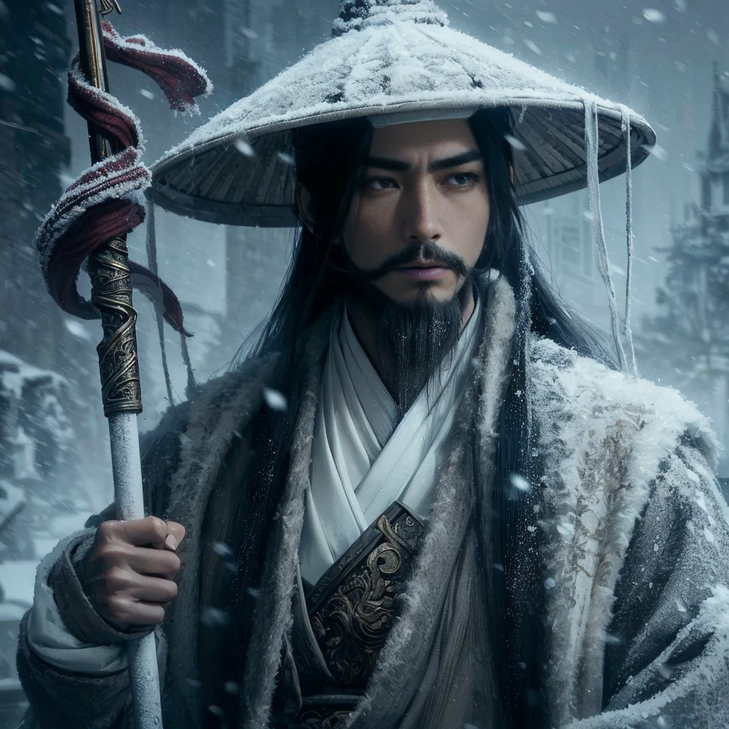 (Masterpiece:1.2), (Best Quality:1.2), (high resolution:1.2), (beautiful face and eye:1.2), (sharpest focus:1.2), (Ultra-realistic Photo:1.2), (Ultra-precise Photo:1.2), (Depth of field:1.2), (perfect anatomy:1.2), (nice hands:1.2),
(perfect hands:1.2), (five fingers:1.2), (Young, fearless, beautiful, shady Chinese man:1.0), (Lonely Chinese warrior with spear:1.0), (Neatly trimmed short beard and tied hair:1.0), (Blazing Chinese period drama style fortress:1.0),
(long spear with serpentine blade and ornate decoration:1.0), (white tsubakuhiro cap and cloak:1.0), (white armor with red, blue, and yellow coloring:1.0), (snowstorm:1.0), (melancholy expression:1.0), (picturesque standing figure:1.0),