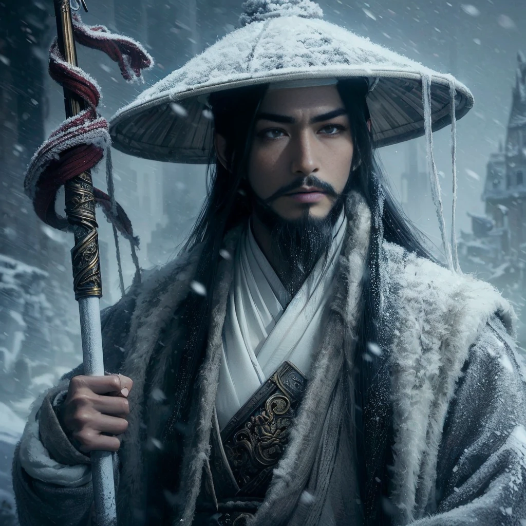 (Masterpiece:1.2), (Best Quality:1.2), (high resolution:1.2), (beautiful face and eye:1.2), (sharpest focus:1.2), (Ultra-realistic Photo:1.2), (Ultra-precise Photo:1.2), (Depth of field:1.2), (perfect anatomy:1.2), (nice hands:1.2),
(perfect hands:1.2), (five fingers:1.2), (Young, fearless, beautiful, shady Chinese man:1.0), (Lonely Chinese warrior with spear:1.0), (Neatly trimmed short beard and tied hair:1.0), (Blazing Chinese period drama style fortress:1.0),
(long spear with serpentine blade and ornate decoration:1.0), (white tsubakuhiro cap and cloak:1.0), (white armor with red, blue, and yellow coloring:1.0), (snowstorm:1.0), (melancholy expression:1.0), (picturesque standing figure:1.0),