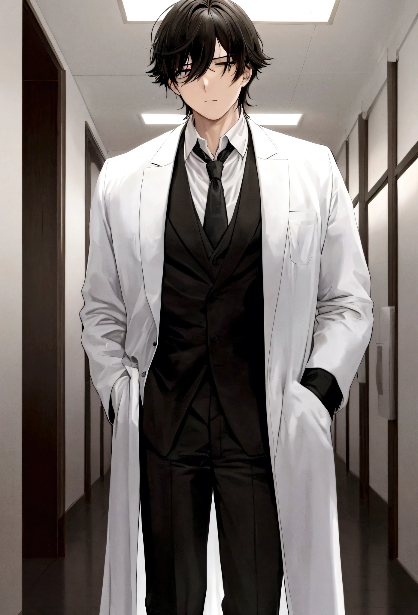 Dr. Kenzo Tenma from "Monster" standing in a dimly lit hospital corridor. He is wearing a white lab coat over a shirt and tie, with his stethoscope around his neck. His expression is serious and determined, reflecting the weight of his decisions and the gravity of his situation. The background features a dimly lit hospital corridor with flickering lights, adding to the tense and somber atmosphere. His hair is slightly tousled, and there are subtle shadows on his face, emphasizing his internal conflict and the dark tone of the series.
