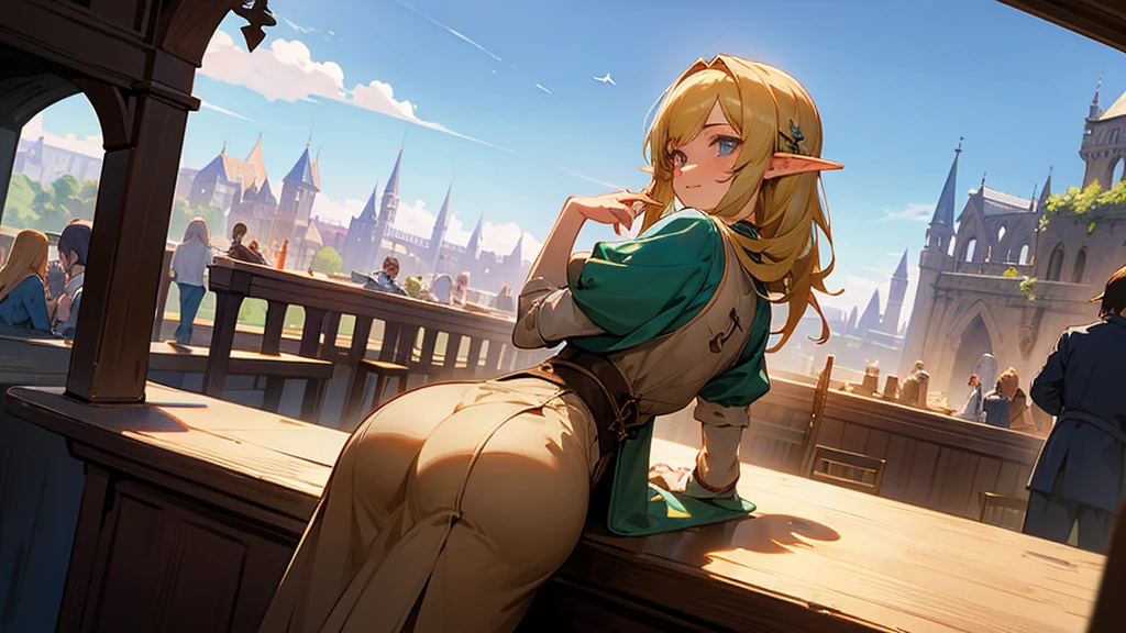Anime Style,Nostalgic,Detailed background,The medieval world,A lively bar with lots of people,Beautiful sky,A beautiful bard elf girl looking back at me,Big Ass