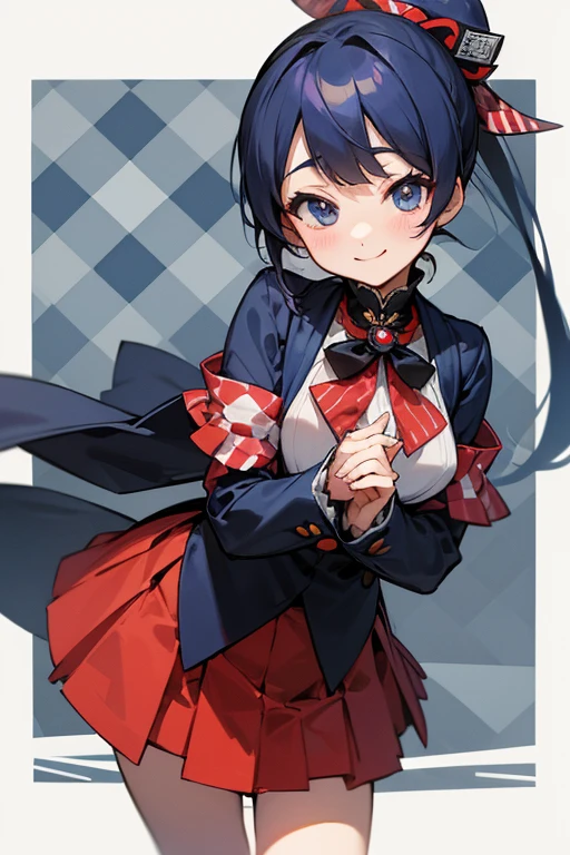 MS. cute、Taisho、Checkerboard Pattern、Beautiful Eyes、Embarrassing、Navy Blue and Red、A special smile、mini skirt、Center of chest、background、日本のTaisho浪漫、