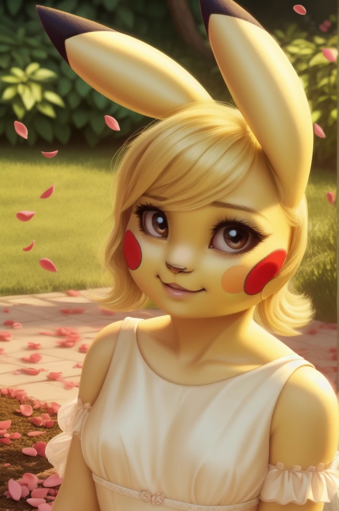 A beautiful young woman, detailed portrait, flawless skin, delicate facial features, serene expression, blonde hair,elegant white dress, petals falling around her, lush garden background, natural lighting, cinematic composition, photorealistic, award winning portrait photo, (furry,yellow skin, pikachu girl, pikachu,fur), looking at viewer
