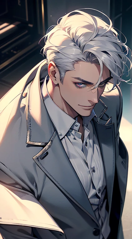 a mature man, 31 years, very handsome, short grey white hair, beautiful blue eyes, perfect face, buttoning his jacket, CEO, smile in love, (best quality, masterpiece, 8K, photorealistic, cinematic lighting, 1:4 hdr image, top view, ultra detailed, beautiful image)