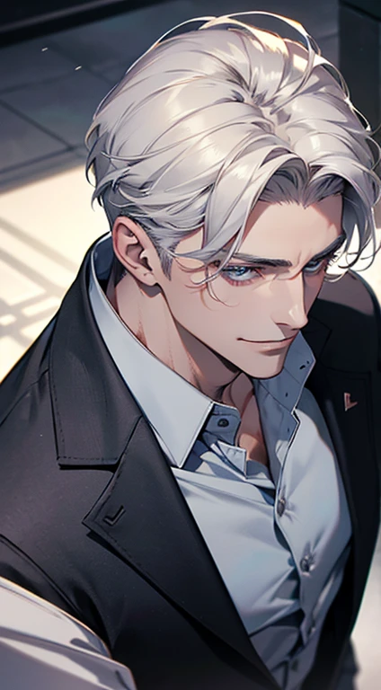 a mature man, 31 years, very handsome, short grey white hair, beautiful blue eyes, perfect face, buttoning his jacket, CEO, smile in love, (best quality, masterpiece, 8K, photorealistic, cinematic lighting, 1:4 hdr image, top view, ultra detailed, beautiful image)