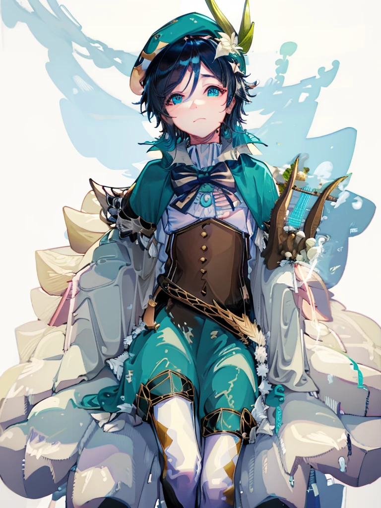Venti genshi impact flat colors card cover blue colors golden frame boy with a book in his hands stars and elements like white flowers around half body 3/4 with a beret on his head and a lyre in his hands