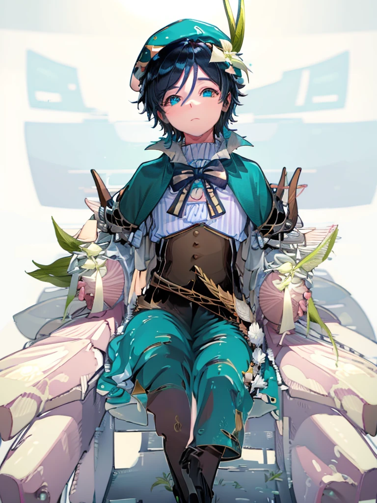 Venti genshi impact flat colors card cover blue colors golden frame boy with a book in his hands stars and elements like white flowers around half body 3/4 with a beret on his head and a lyre in his hands 