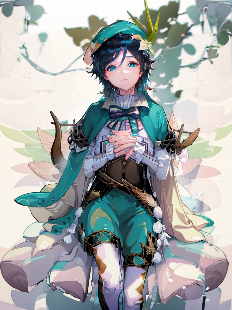 Venti genshi impact flat colors card cover blue colors golden frame boy with a book in his hands stars and elements like white flowers around half body 3/4 with a beret on his head and a lyre in his hands