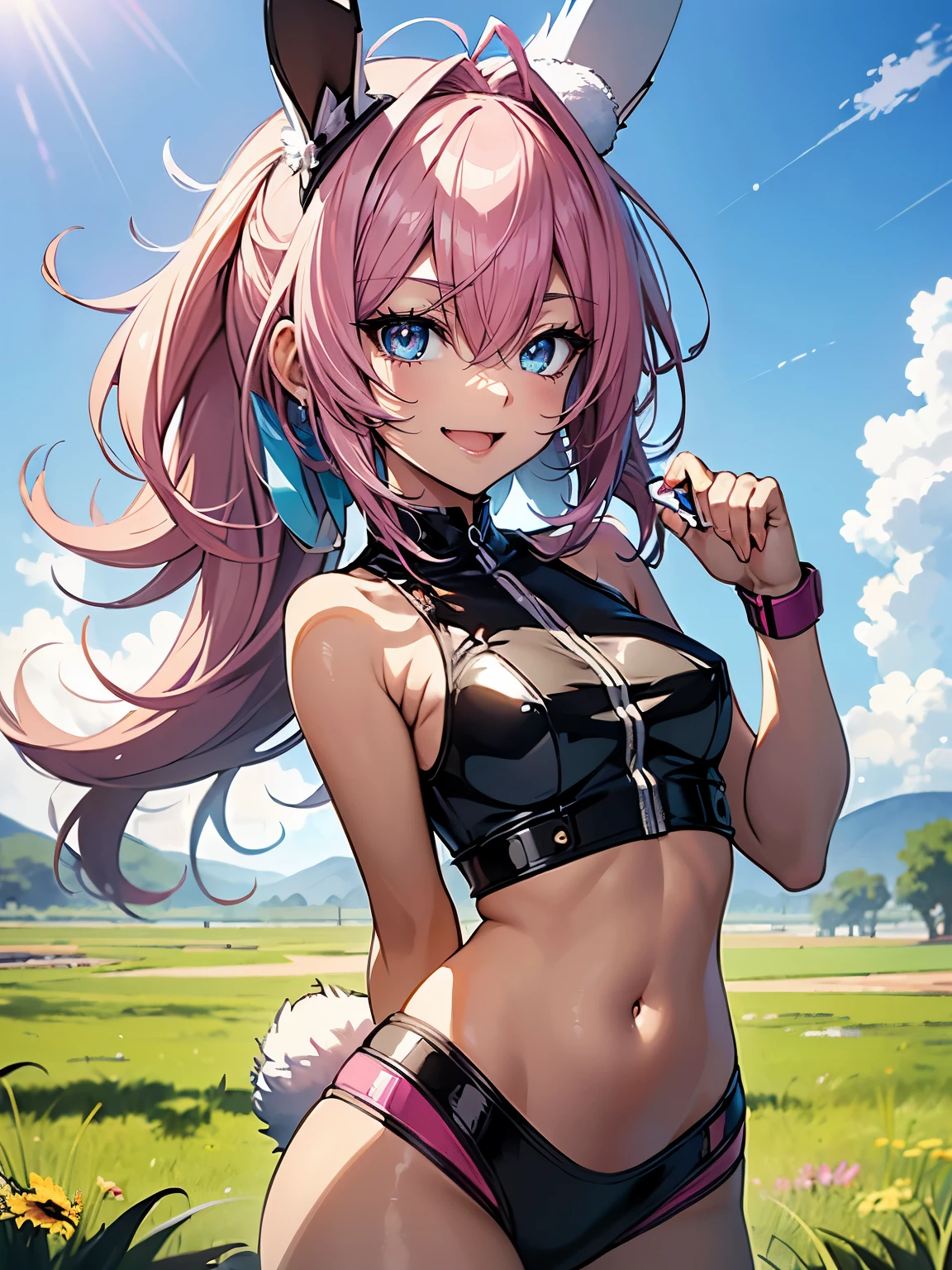 ((Seductive Anime Girl:1.3, solo:1.5))、((teenage girl:1.2))、((fusion of rabbit and girl:1.4))、((Running:1.3, ))、((happy smile:1.3))、energetic、((pink color, leather clothes))、((Being in grassland:1.3)), erect nipples、((open clothes:1.2))、((crop top navel:1.2))、((small breasts))、((sleeveless:1.2))、((Glossy realistic skin texture))、full body、masterpiece, ultra-detailliert, 8k, hiquality, Top image quality, digitial illustration, Smooth texture