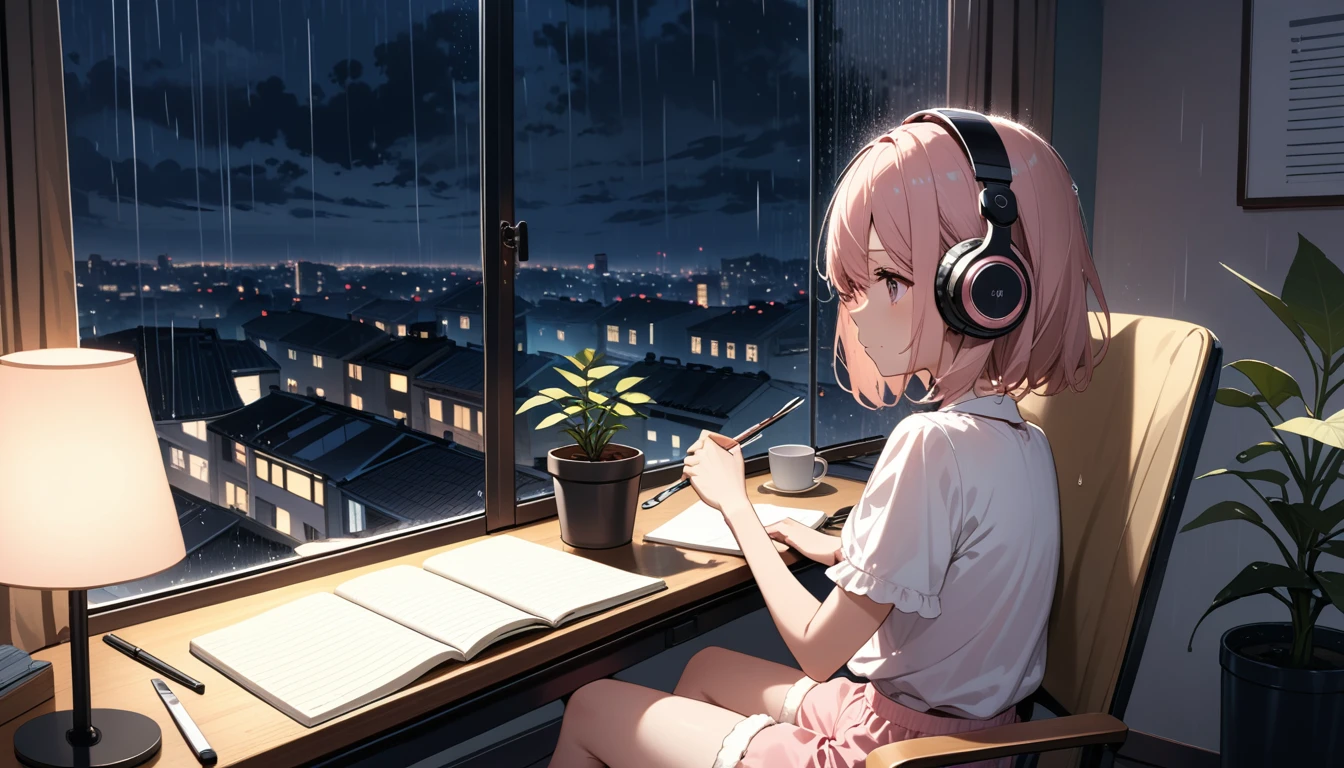 In a cozy room with a beautiful city night raining outside view, a girl with bob hair and light pink fluffy short-sleeved shorts is lost in thought as she gazes at the view. She is relaxing with large headphones on. A glimpse of the room from the balcony reveals a study room with a calm atmosphere lit by a desk lamp. There are notebooks, writing utensils, and a potted plant on the desk. It is raining outside.