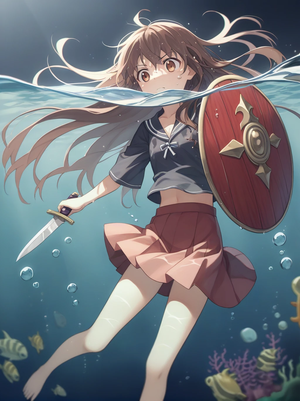 score_9, score_8_superior, score_7_superior, score_6_superior, sauce_anime, Partially underwater, One girl, Long Hair, Brown Hair, Wet Hair, Dark Background, Blurred Edges,8-year-old、Adventurer、Flat Chest、Pitch-dark underground labyrinth、No light、skirt、Equipped with a dagger and a shield、水面よりsuperiorの顔、Body in water, Underwater Photography、浮力でskirt捲れる