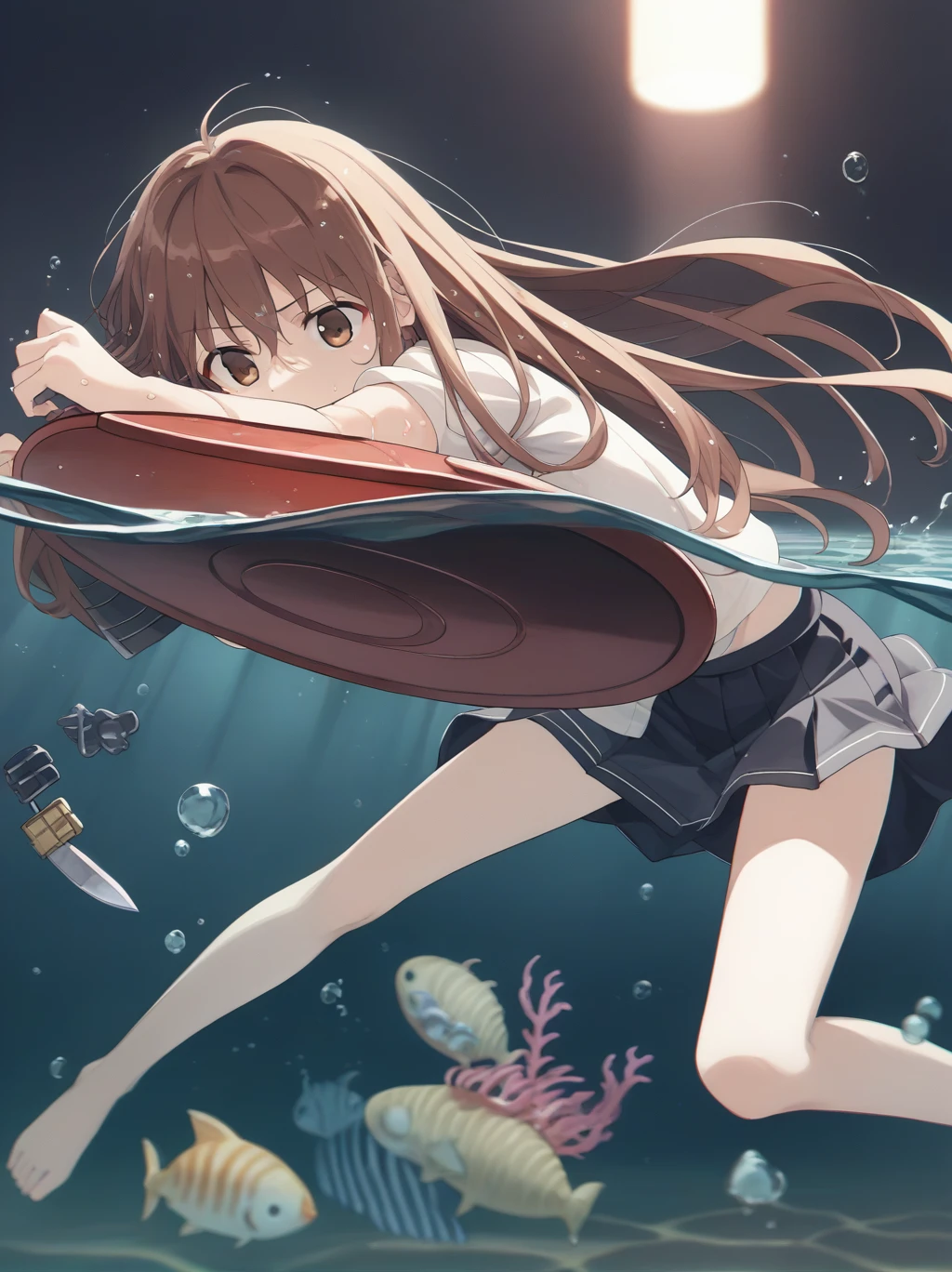 score_9, score_8_superior, score_7_superior, score_6_superior, sauce_anime, Partially underwater, One girl, Long Hair, Brown Hair, Wet Hair, Dark Background, Blurred Edges,8-year-old、Adventurer、Flat Chest、Pitch-dark underground labyrinth、No light、skirt、Equipped with a dagger and a shield、水面よりsuperiorの顔、Body in water, Underwater Photography、浮力でskirt捲れる