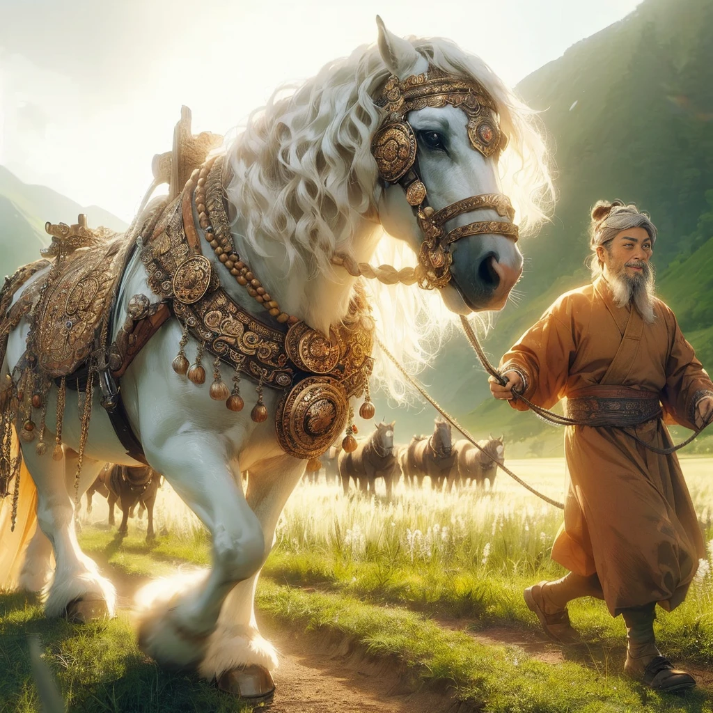 (Best Quality:1.2), (high resolution:1.2), (beautiful face and eye:1.2), (sharpest focus:1.2), (Ultra-realistic Photo:1.2), (Ultra-precise Photo:1.2), (Depth of field:1.2), (perfect :1.2), (nice hands:1.2), (perfect hands:1.2), 
(He is pulling a white horse of shining beauty and imposing stature:1.0), (A short, small, fat, mature Chinese man in ordinary clothes of a dull commoner of the Song dynasty in China:1.0), (Frizzy dull golden short hair and beard:1.0),
(a contemptible but somehow charming smile:1.5), (Artistic and elaborate harness:1.0), (Endless meadows with sun shining:1.0), 