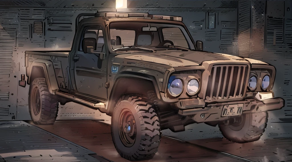 ((Best Quality)), ((masterpiece)), Highly detailed, 8K, heavily armored red 6x6 heavy pickup truck 1970 Jeep Gladiator, must have 6-wheels, extremely armored and bulky boxy enlargement form, large square headlights, boxy angles, boxy 80s design, square headlights, (peterbilt influence:0.7), bright showroom, plain mesa background, cel-shaded, line art, bold black outlines, comic style, inkpunk, bright photoshoot lighting, ((isometric symmetry:1.2)) ((((TRANSFORM VEHICLE FROM SMALL CAR TO LARGE 6X6 PICKUP TRUCK)))