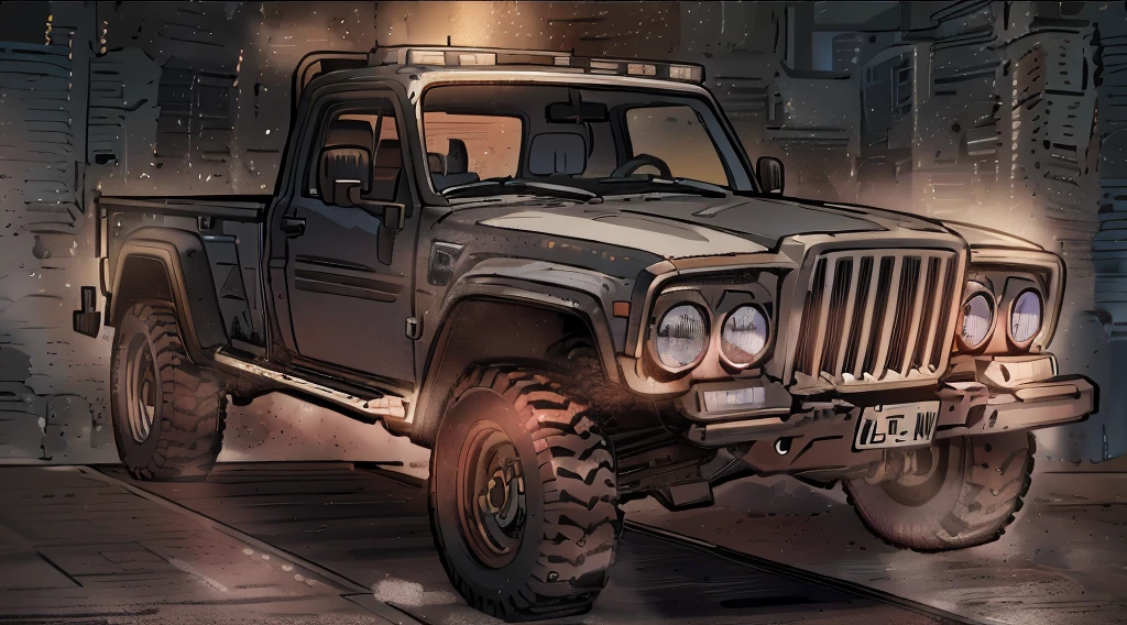 ((Best Quality)), ((masterpiece)), Highly detailed, 8K, heavily armored red 6x6 heavy pickup truck 1970 Jeep Gladiator, must have 6-wheels, extremely armored and bulky boxy enlargement form, large square headlights, boxy angles, boxy 80s design, square headlights, (peterbilt influence:0.7), bright showroom, plain mesa background, cel-shaded, line art, bold black outlines, comic style, inkpunk, bright photoshoot lighting, ((isometric symmetry:1.2)) ((((TRANSFORM VEHICLE FROM SMALL CAR TO LARGE 6X6 PICKUP TRUCK)))