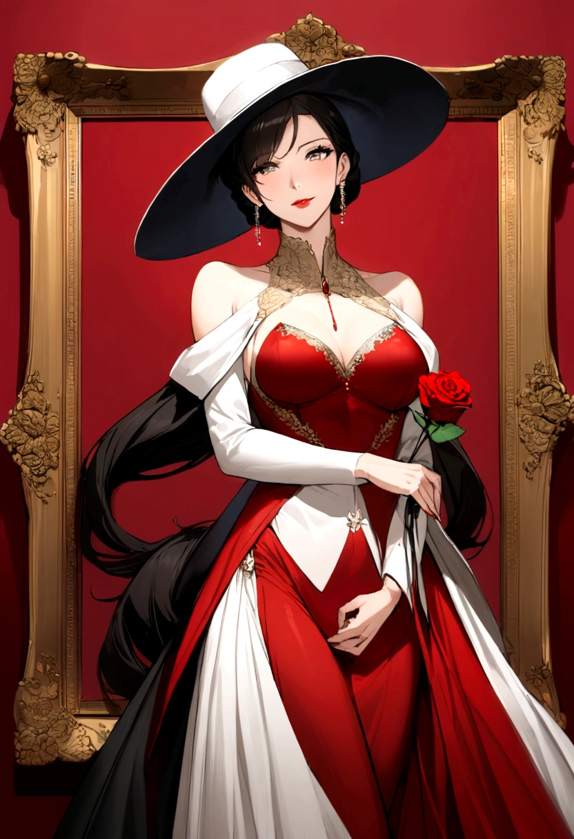 A mature and youthful anime woman, seductive and elegant personality, in a long red and white classy gown, with long sleeve and a really long train attached to her dress, and she is also wearing a hat, pose with a portrait like image, her shoulders up, one hand holding a rose, the other hand stroking her chin gently, and facing towards her from the her back view