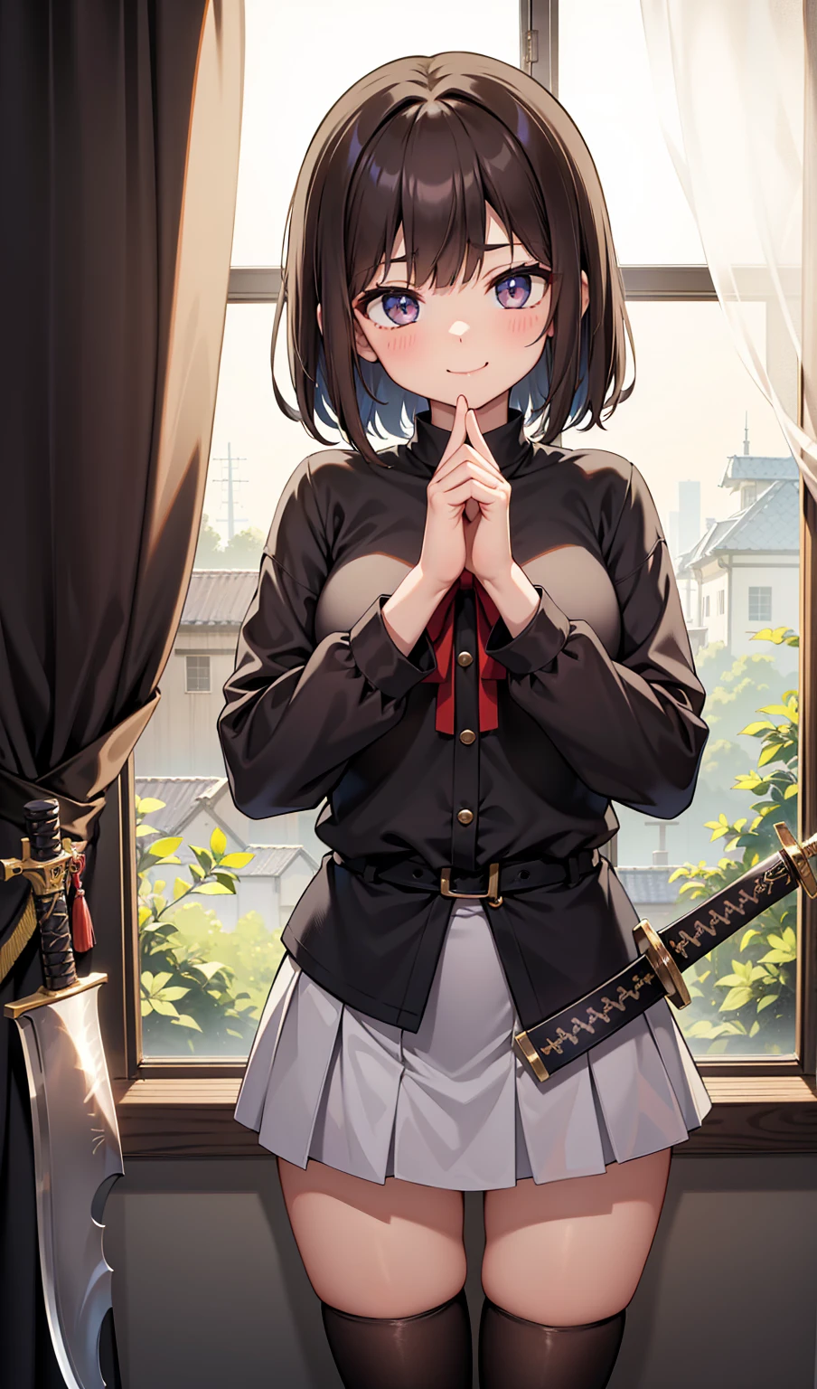 Human Woman、smile、Dark Brown Hair、白銀のsword士、Lock the curtains、Short skirt、Knee-high socks、sword、gun、ax、Uplifting、whole body、wilderness、Combat readiness、Perfect hands、Perfect Fingers