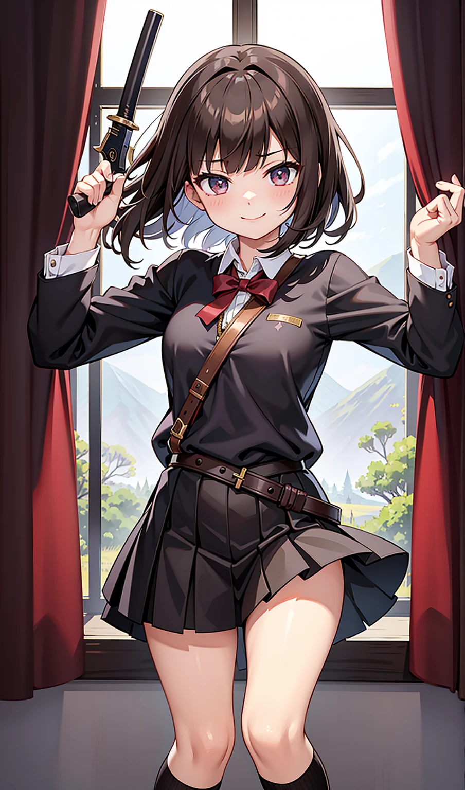 Human Woman、smile、Dark Brown Hair、白銀のsword士、Lock the curtains、Short skirt、Knee-high socks、sword、gun、ax、Uplifting、whole body、wilderness、Combat readiness、Perfect hands、Perfect Fingers