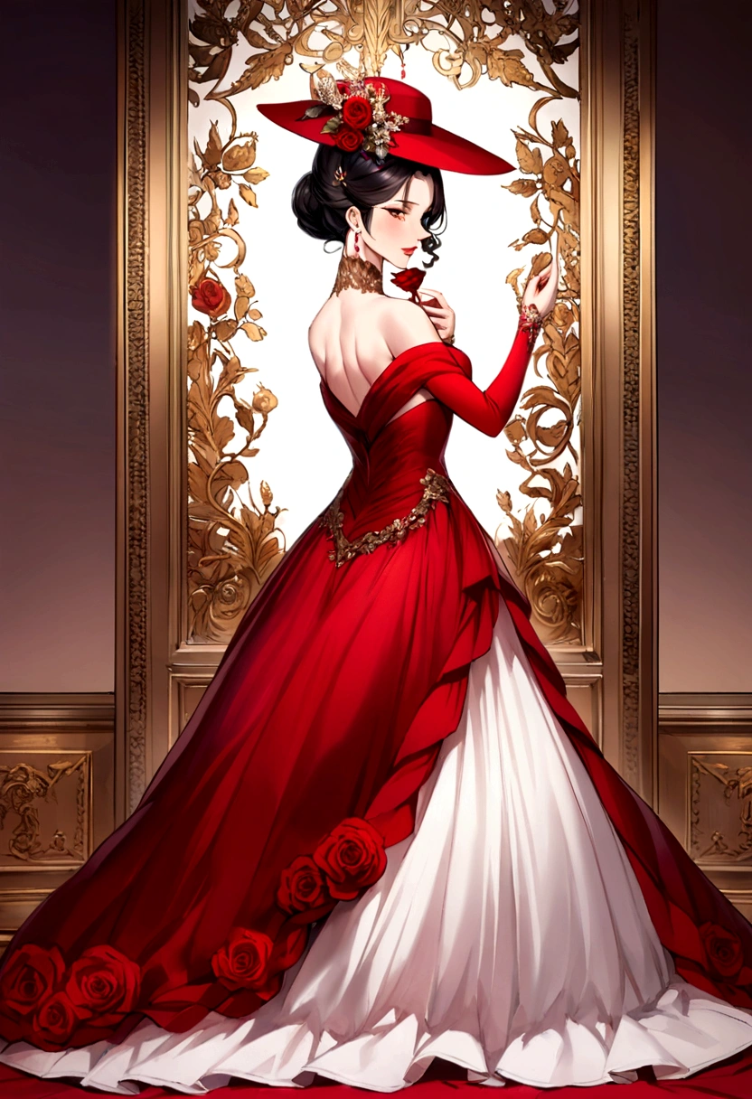 A mature and youthful anime woman, seductive and elegant personality, in a long red and white classy gown, with long sleeve and a really long train attached to her dress, and she is also wearing a hat, pose with a portrait like image, her shoulders up, one hand holding a rose, the other hand stroking her chin gently, and facing towards her from the her back view 