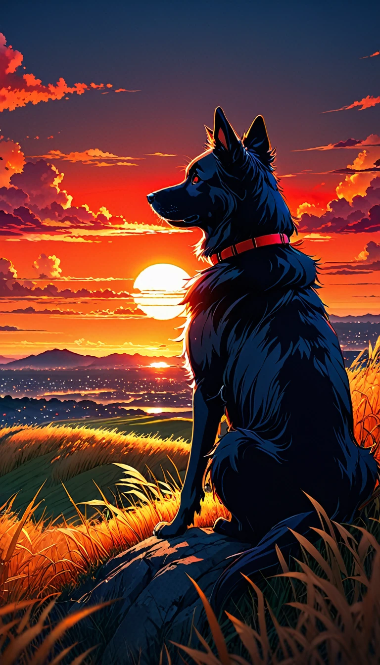 anime landscape of a dog sitting on a hill with tall grasses watching a hellish orange and red sunset, serene sky anime nature wallpapers, beautiful anime scene, beautiful anime peace scene, Makoto Shinkai Cyril Rolando, beautiful anime scene, amazing wallpaper, anime art wallpaper 8k, anime background, artistic anime background, anime wallpaper 4k, anime art 4k wallpaper, anime wallpaper art 4k,