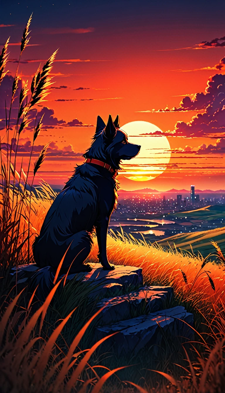 anime landscape of a dog sitting on a hill with tall grasses watching a hellish orange and red sunset, serene sky anime nature wallpapers, beautiful anime scene, beautiful anime peace scene, Makoto Shinkai Cyril Rolando, beautiful anime scene, amazing wallpaper, anime art wallpaper 8k, anime background, artistic anime background, anime wallpaper 4k, anime art 4k wallpaper, anime wallpaper art 4k,