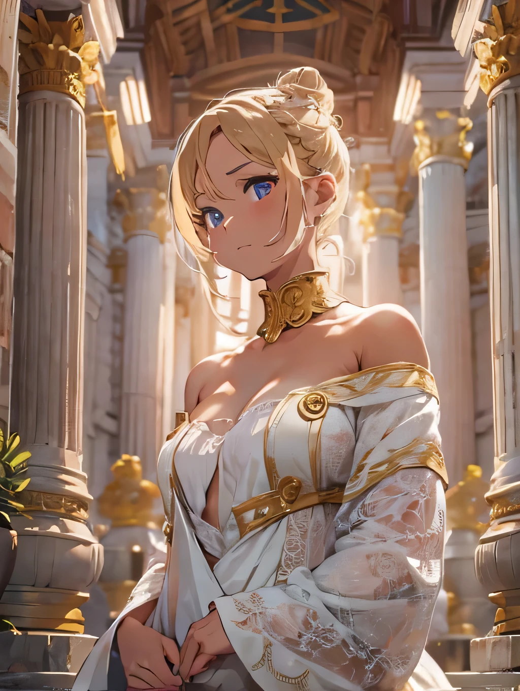 Masterpiece, 8k quality, highly detailed, one girl, ((blonde hair in a bun)), (off the shoulders white and gold goddess dress), ((small breast)), thick thighs, Roman pillars background, ((slightly chubby and plump)))