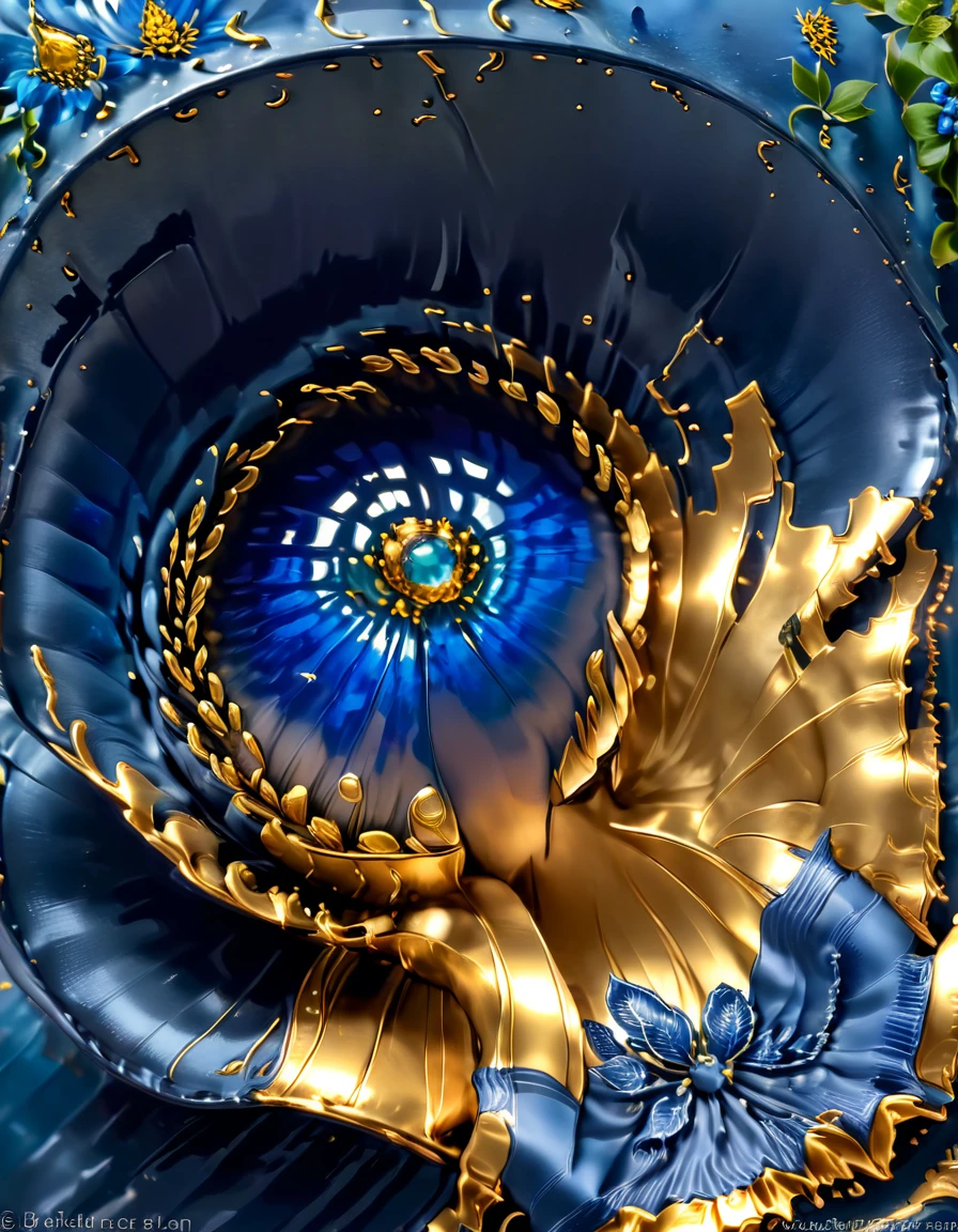 (Blue enchantress rose flower made of precious metal), Each metallic blue enchantress flower has cascading petals, Blue spray gold sand,gilded,Rich metallic texture,they are dark blue,Like the night sky and the deep sea,Has an attractive metallic luster,leaves made of platinum,(petals trimmed with gold:0.6),The edges of the petals are brushed metal, (Gold-plated embossing: 1.37), golden sunflower flower, golden rose, flowers and gold, Gorgeous flowers,intricate flowers, Messy golden leaf flowers, 16k,baroque element, Capture light and shadow background:Textured rock,Give people a kind of tenacious growth、The feeling of unyielding life