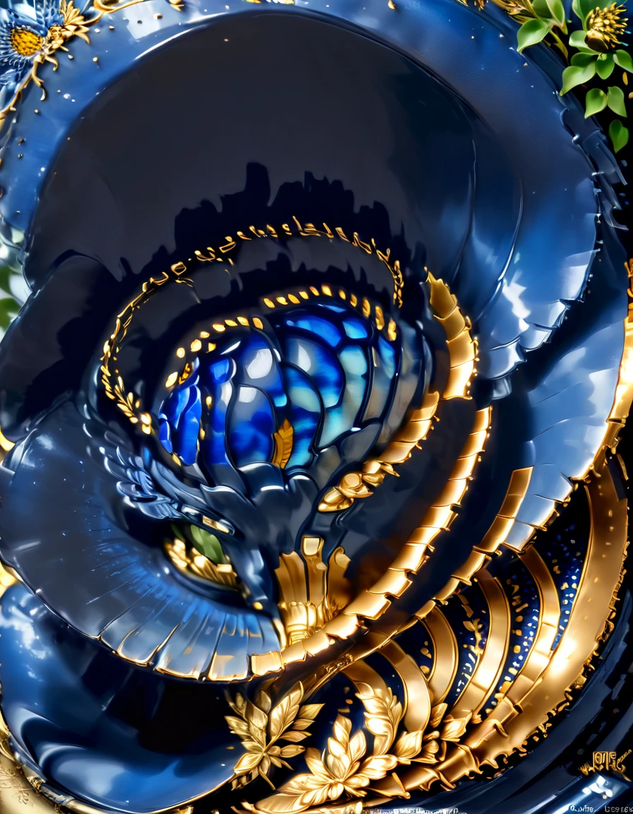 (Blue enchantress rose flower made of precious metal), Each metallic blue enchantress flower has cascading petals, Blue spray gold sand,gilded,Rich metallic texture,they are dark blue,Like the night sky and the deep sea,Has an attractive metallic luster,leaves made of platinum,(petals trimmed with gold:0.6),The edges of the petals are brushed metal, (Gold-plated embossing: 1.37), golden sunflower flower, golden rose, flowers and gold, Gorgeous flowers,intricate flowers, Messy golden leaf flowers, 16k,baroque element, Capture light and shadow background:Textured rock,Give people a kind of tenacious growth、The feeling of unyielding life