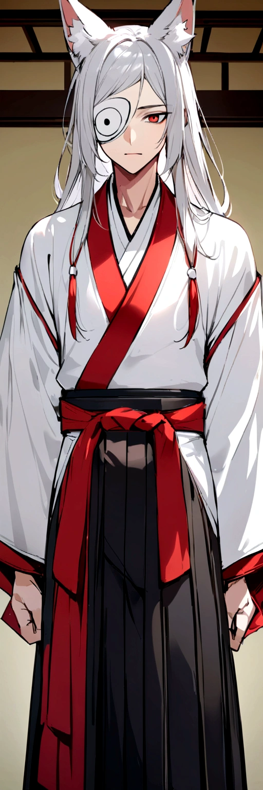 male、youth、Fox、Animal Ears、Silver Hair、Long Hair、One knot、One-eyed、Japanese style、Hakama、Bow drawing