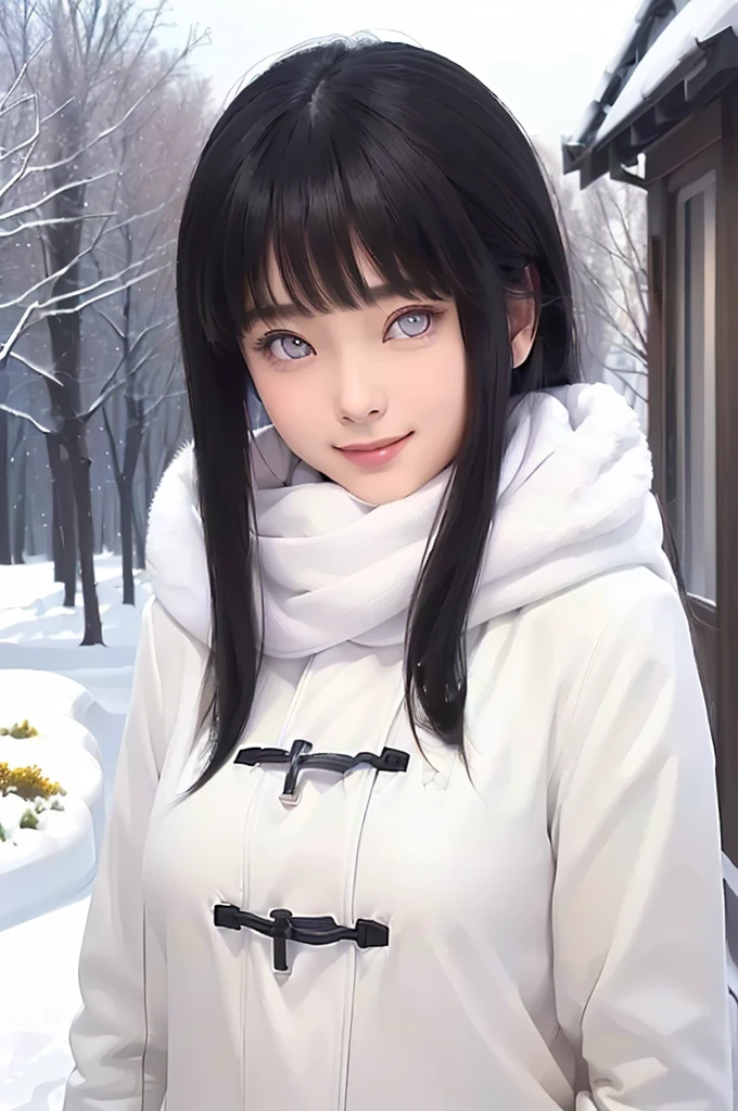 masterpiece, best quality, (realistic,photo-realistic:1.4), (RAW photo:1.2), extremely detailed CG unity 8k wallpaper, delicate and beautiful, amazing,finely detail, official art, absurdres, incredibly absurdres, huge filesize, ultra-detailed,extremely detailed eyes and face,light on face,(little smile),hinata ,(black hair:1.4),(long hair:1.4),(medium breast:1.4),,(wearing white coat:1.5),night,(winter background:1.4),white scarf