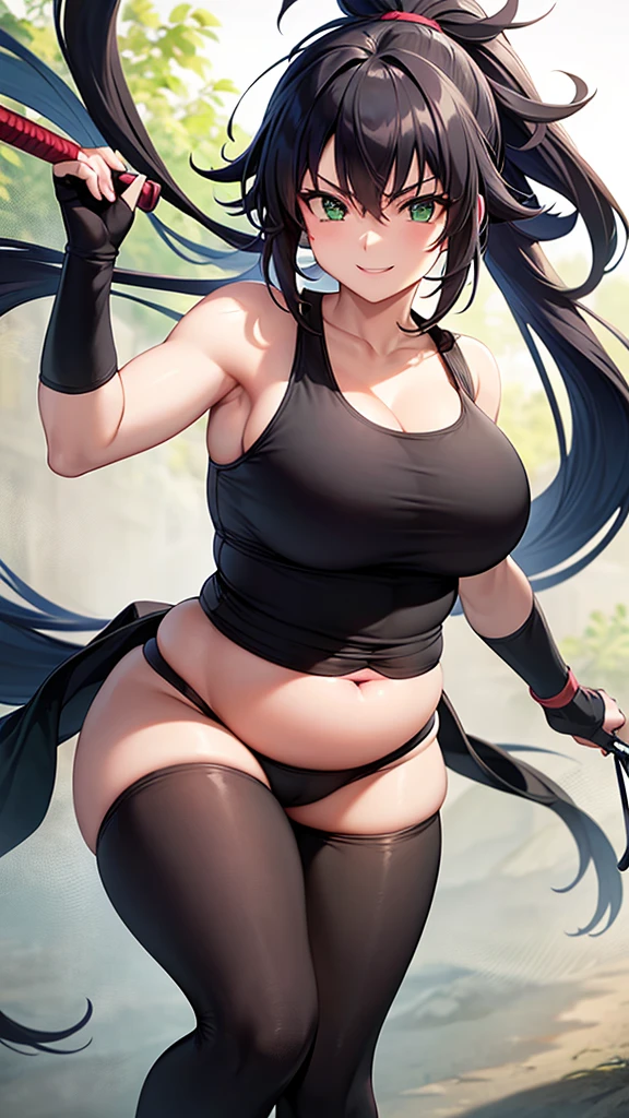 A kunoichi, carry kunai, wearing open ninja clothes like a tank top, black hair color, green eyes, Beauty, big and plump breasts, pregnant and smiling, is in a wide field