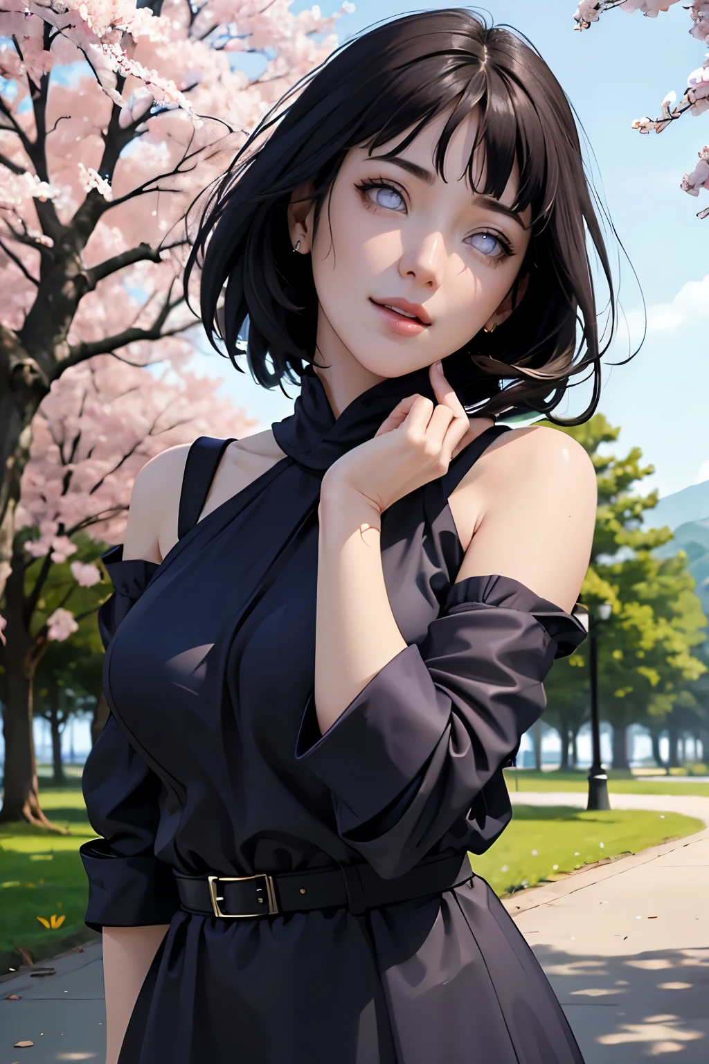 (best quality,4k,8k,highres,masterpiece:1.2),ultr
a-detailed,realistic,photorealistic:1.37,detailed
eyes,beautiful detailed lips, pale, hinata hyuga from Naruto wearing dark blue dress, perfect figure, attractive rounded breasts, smiling, puffy lips, posing in sunshine, outdoor ,dark blue dress, cherry blossom trees, green trees, sakura falling, in the park, short 2 block light brown haired girl, realistic hands, realistic hair, realistic nose, realistic lips, giving flying kiss, correct hands