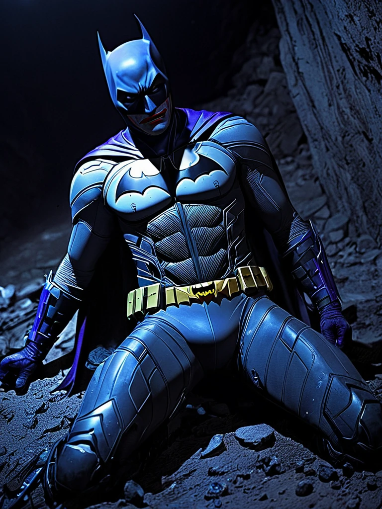 in cave,defeated and stripped Batman raped by Joker