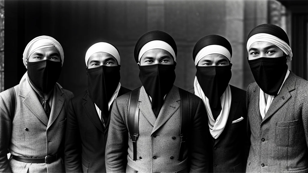 1930s, monochrome photography, A group of terrorists in Southeast Asia, mouth and nose covered with a bandana, Group photo, 32K, Best quality, Masterpiece, super detail, High Details,