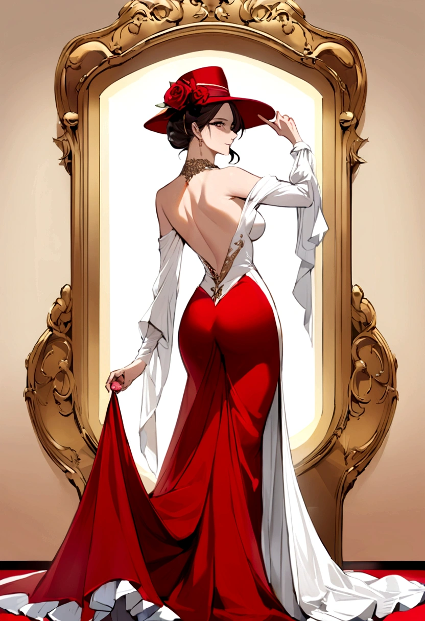 A mature and youthful anime woman, seductive and elegant personality, in a long red and white classy gown, with long sleeve and a really long train attached to her dress, and she is also wearing a hat, pose with a portrait like image, her shoulders up, one hand holding a rose, the other hand stroking her chin gently, and facing towards her from the her back view