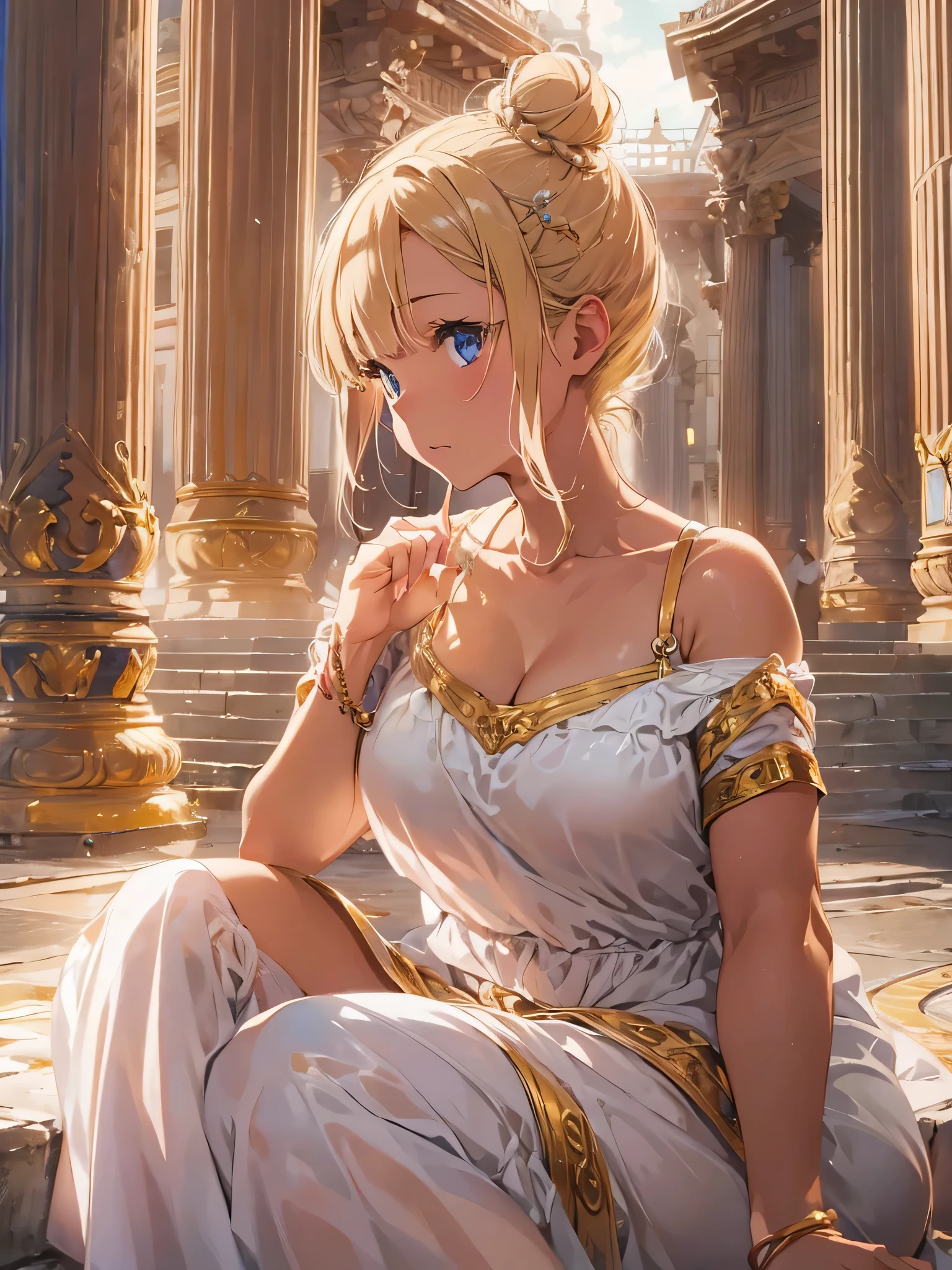 Masterpiece, 8k quality, highly detailed, one girl, ((blonde hair in a bun)), (off the shoulders white and gold goddess dress), ((small breast)), thick thighs, Roman pillars background, ((slightly chubby and plump)))
