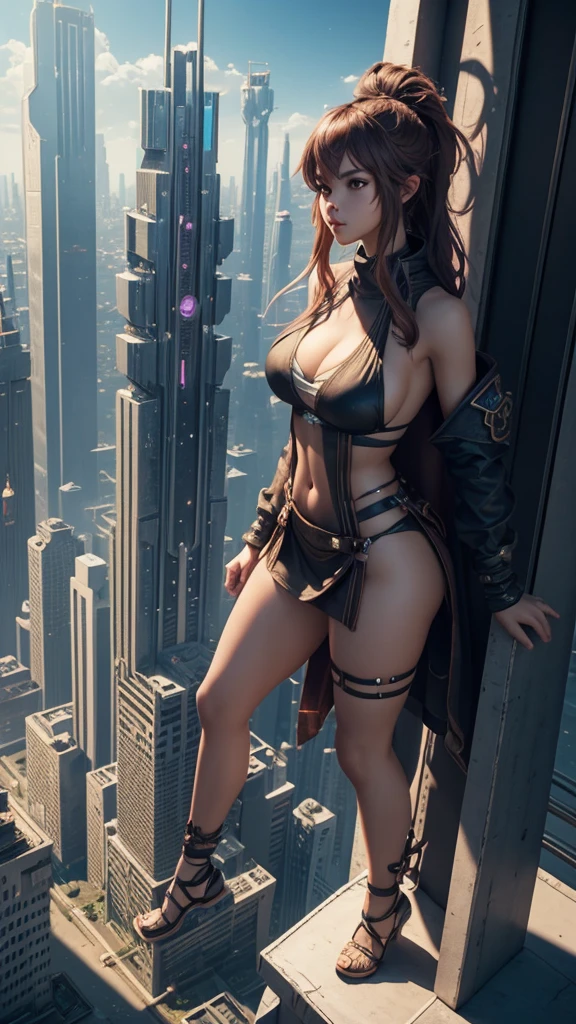 Girl sitting on a building,A giant woman in a bikini lying on top of a cyberpunk city, Wear short skirts,Little guys running around the giant girl, Standing on her hand, cgsociety 9, 2. 5 d cgi fantasy art, engine rendering unreal + a goddess, full body cgsociety, artgerm ; Hyper realistic 3d content, giant art, super detailed 3d matte paintings, super detailed 3d matte paintings, realistic fantasy art, realistic 3 d anime style. Beautiful girl. Big thighs."The boy stood on the top of a high-rise building waving to the girl". Color ultra 4k.