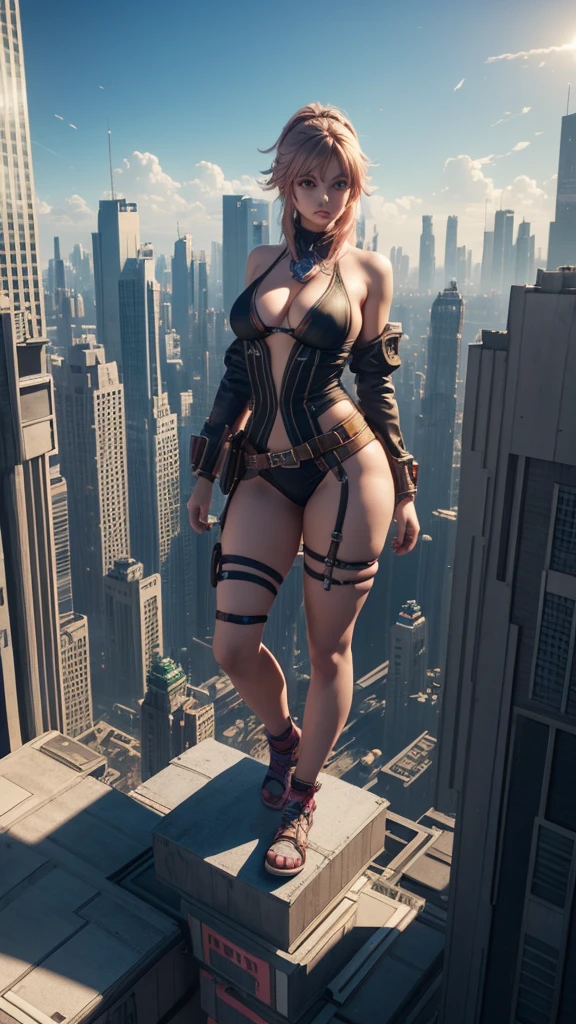 Girl sitting on a building,A giant woman in a bikini lying on top of a cyberpunk city, Wear short skirts,Little guys running around the giant girl, Standing on her hand, cgsociety 9, 2. 5 d cgi fantasy art, engine rendering unreal + a goddess, full body cgsociety, artgerm ; Hyper realistic 3d content, giant art, super detailed 3d matte paintings, super detailed 3d matte paintings, realistic fantasy art, realistic 3 d anime style. Beautiful girl. Big thighs."The boy stood on the top of a high-rise building waving to the girl". Color ultra 4k.