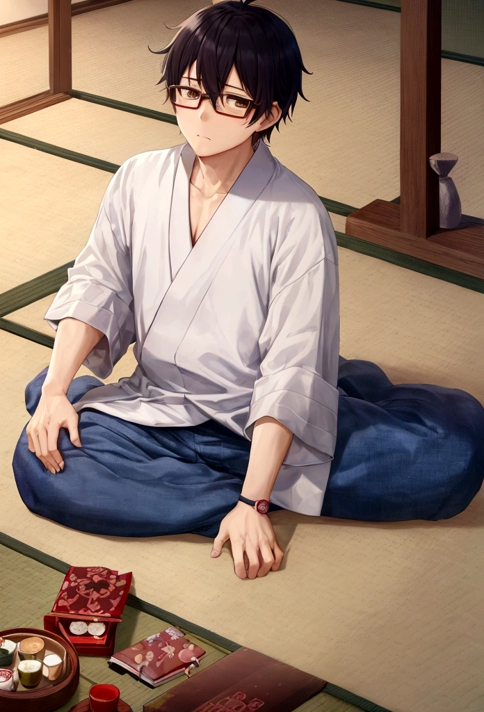 Watashi, the main character from "The Tatami Galaxy" (Yojouhan Shinwa Taikei), standing in his small, cluttered tatami mat room. He is wearing his typical casual clothes, consisting of a white shirt, blue jeans, and a pair of glasses. His hair is slightly messy, and he has a thoughtful, contemplative expression on his face. The room is filled with books, posters, and various personal items scattered around, reflecting his student life and the whimsical nature of the series. The background includes traditional Japanese elements such as tatami mats, shoji screens, and a low table with a tea set. The scene captures the quirky, surreal, and introspective atmosphere of the show.