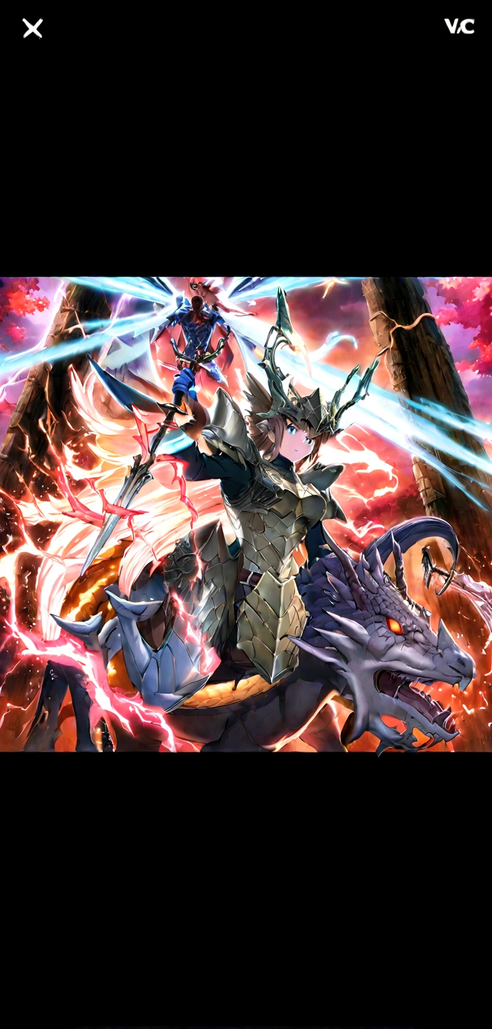 Anime card game，A man rides a horse，A woman rides a horse, Set against the backdrop of a dragon, Firecaller Armor, There is a huge dragon in the background, Energy Man&#39;s Epic Animation, Sky Dragon, Lightning Dragon Attack, queen of blades, Detailed key animation art, Eldrazi, official art works, Dragon Rider, Official Anime Artwork